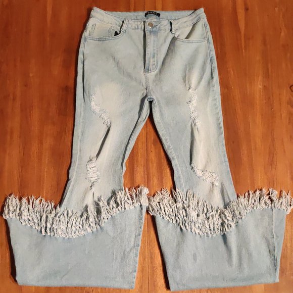 Banjul Boho Bell Bottom Distressed Womens Jeans L - Picture 2 of 11